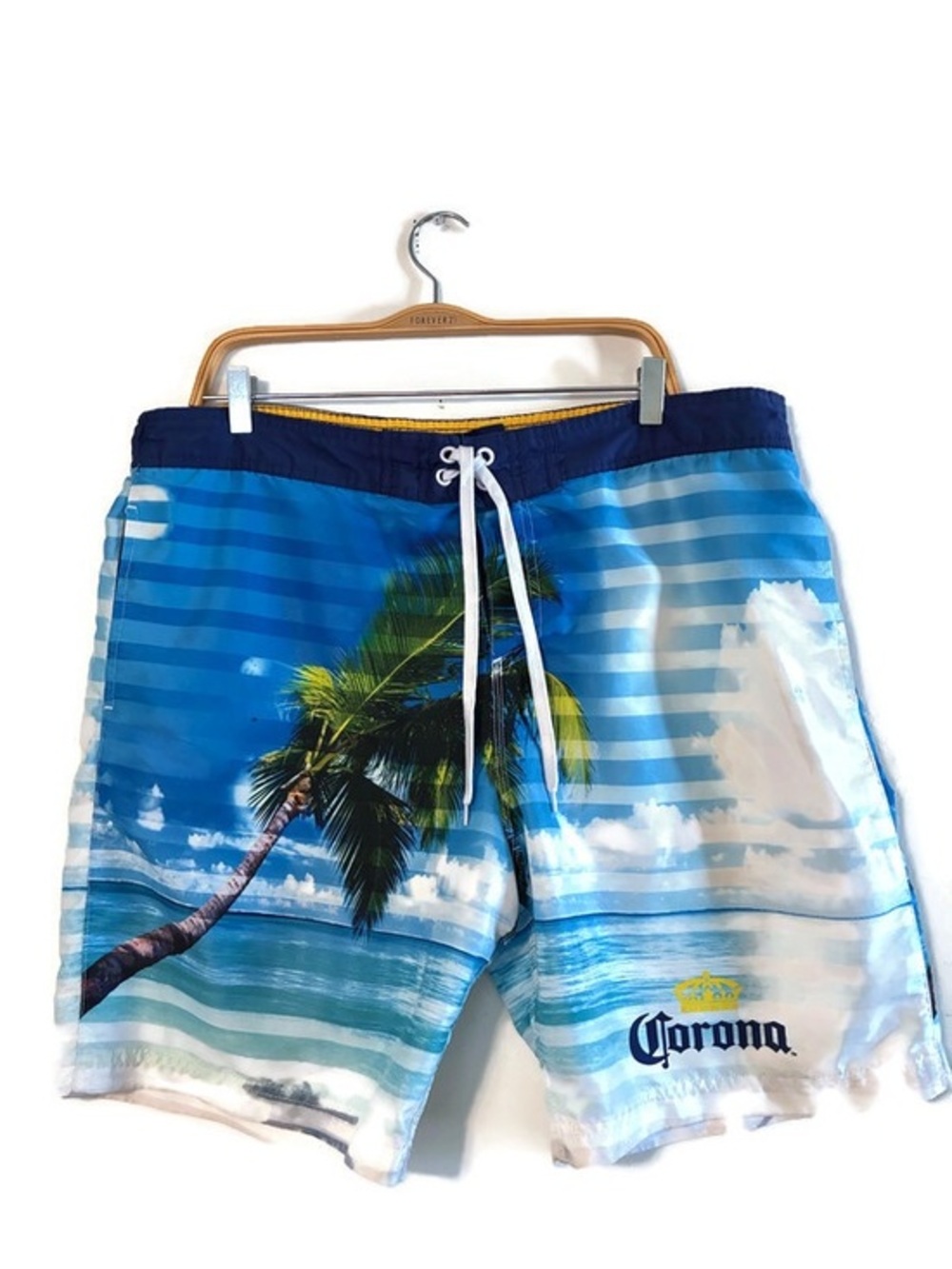 Corona Blue White Beach Palm Print Swim Trunks Board Shorts Men’s size XL